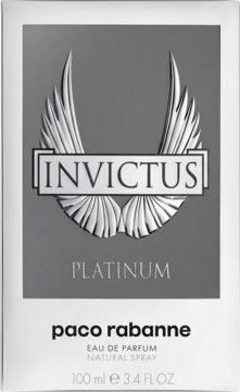 Srebrne pudełko perfum Invictus Platinum Paco Rabanne 100ml, z metalicznym logo skrzydeł, widok z przodu.