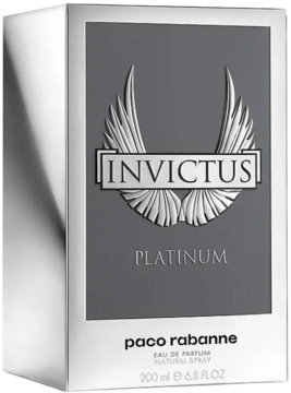 Srebrne pudełko perfum męskich Invictus Platinum Paco Rabanne, widok z przodu pod kątem, z reliefowym logo skrzydeł.