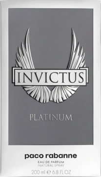 Front srebrno-szarego opakowania Invictus Platinum Paco Rabanne EDP 200ml, z metalicznymi, wypukłymi skrzydłami.