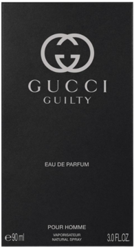Gucci Guilty Pour Homme EDP 90ml w czarnym matowym pudełku z srebrnym logo i napisami, widok frontalny.