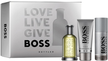 Srebrny zestaw prezentowy Hugo Boss Bottled z flakonem wody toaletowej, żelem i dezodorantem, widok z przodu.