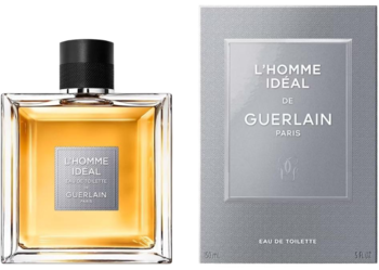 Bursztynowy flakon Guerlain L'Homme Idéal EDT z czarną nakrętką obok szarego pudełka perfum, widok z przodu.