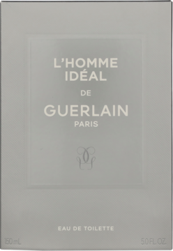 Szare opakowanie Guerlain L'Homme Idéal Eau de Toilette 150ml, widok z przodu. Białe, subtelne napisy i logo.