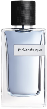 Przezroczysta butelka perfum Yves Saint Laurent Y z niebieskim płynem i czarną, teksturowaną nakrętką, widok z przodu.