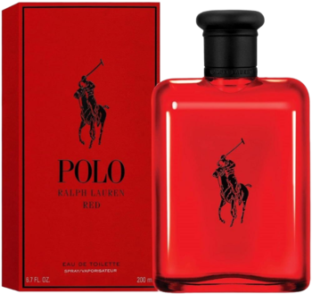 Czerwona butelka wody toaletowej Polo Red Ralph Lauren z czarnym logo i pasujące czerwone pudełko, widok z przodu.