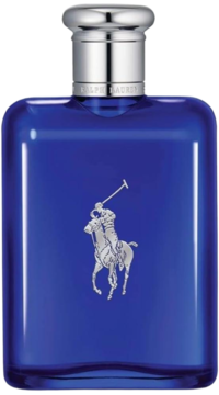 Ralph Lauren Polo Blue męski zapach w szklanej, błękitnej butelce z srebrnym logo polo gracza, widok z przodu.