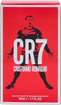 Cristiano Ronaldo CR7 męska woda toaletowa 50ml w czerwonym pudełku z białą sylwetką piłkarza na froncie.