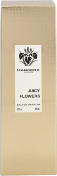 Mancera Juicy Flowers Eau de Parfum, złote pudełko z białą etykietą, widok z przodu, 60 ml.