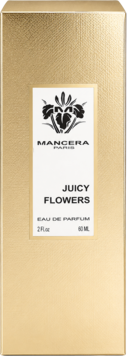 Złote, teksturowane pudełko Mancera Juicy Flowers Eau De Parfum 60ml, widok z przodu, z białą etykietą.