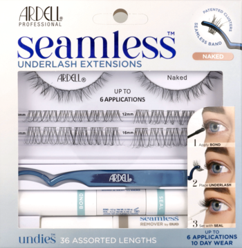 Zestaw Ardell Seamless Underlash Extensions Naked: kępki rzęs, klej, remover i aplikator, przód opakowania.