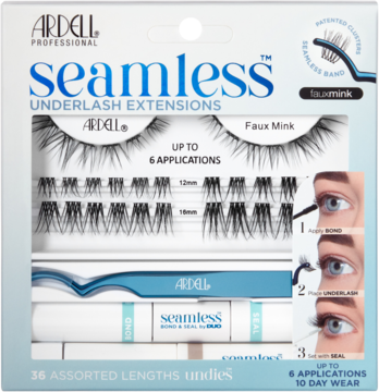 Frontal view of Ardell Seamless Underlash Extensions kit with faux mink lashes, Bond & Seal on white box.