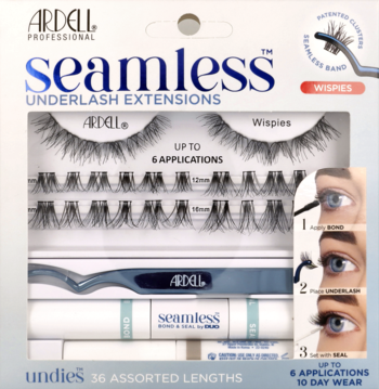 Ardell Seamless Underlash Extensions Wispies kit. White box displays 36 lashes, bond, seal, and applicator for 6 applications, front view.
