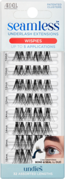 Ardell Seamless Underlash Extensions Wispies, białe opakowanie 32 kępek rzęs różnej długości, widok z przodu.