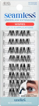 Ardell Seamless Underlash Extensions Wispies, białe opakowanie 32 kępek rzęs różnej długości, widok z przodu.