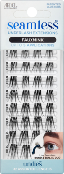 Ardell Seamless Underlash Extensions Fauxmink: 32 czarne kępki o różnej długości w białym opakowaniu, widok z przodu.