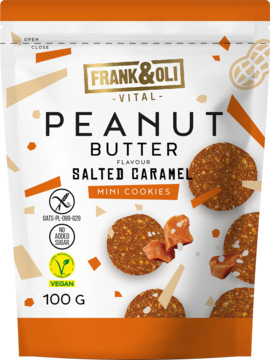 Biała torebka Frank&Oli mini ciasteczek Peanut Butter Salted Caramel, wegańskie i bez cukru, widok z przodu, 100g.