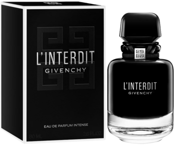 Givenchy L'Interdit Intense, czarny flakon wody perfumowanej i eleganckie pudełko, dla kobiet, widok z przodu.