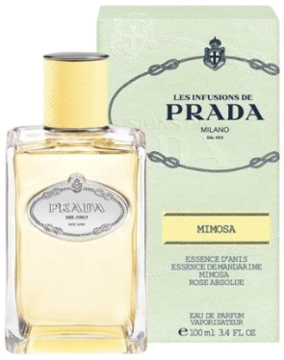 Prada Infusion de Mimosa EDP, żółty flakon obok jasnozielonego pudełka, z widocznym logo i pojemnością 100ml.