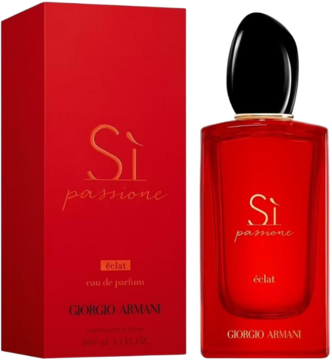 Giorgio Armani Si Passione Eclat, perfumy w czerwonej, szklanej butelce z czarnym korkiem i złotym napisem, widok z przodu.