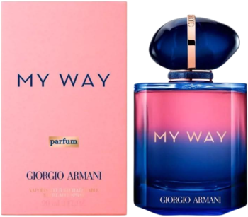 Giorgio Armani My Way Parfum: różowo-niebieska butelka z granatową nakrętką, obok różowego opakowania.