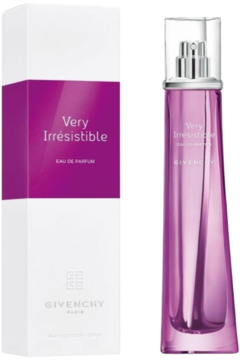 Givenchy Very Irresistible woda perfumowana: pionowe pudełko i smukła, fioletowa butelka, widok z przodu.