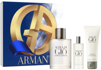 Zestaw Giorgio Armani Acqua di Gio: niebieskie pudełko ze złotym logo GA, 100ml i 15ml wody toaletowej, 75ml żelu.