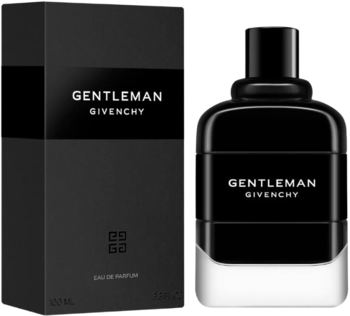 Gentleman Givenchy woda perfumowana EDP w czarnym flakonie i pudełku, widok z przodu, przezroczysty dół.