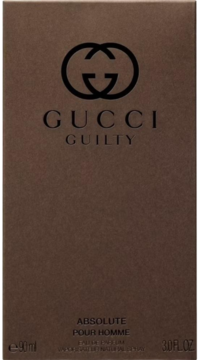 Pudełko perfum Gucci Guilty Absolute Pour Homme, brązowe, matowe, z czarnym logo, widok z przodu.