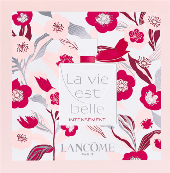 Kwadratowe pudełko Lancôme La Vie Est Belle Intensement, floralny wzór w różach, czerwieniach i bieli, z tekstem.
