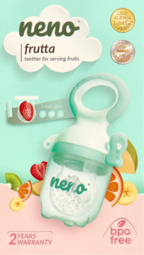 Neno Frutta teether, BPA-free, on blue/pink packaging with fruit images. Front view of clear silicone pacifier.