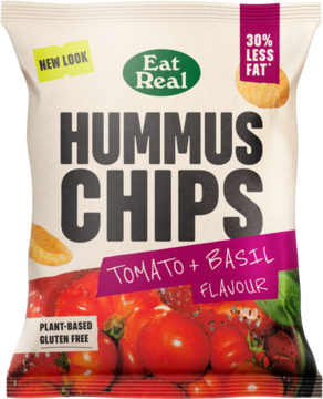 Front opakowania Eat Real Hummus Chips Tomato + Basil Flavour, biała torba, plant-based, gluten-free.