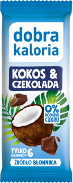 Baton Dobra Kaloria Kokos & Czekolada w niebiesko-białym opakowaniu, z kokosem, czekoladą i 0% cukru.