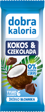 Baton Dobra Kaloria Kokos & Czekolada w niebiesko-białym opakowaniu, z kokosem, czekoladą i 0% cukru.