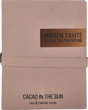 Matowe, beżowe pudełko perfum Maison Tahité Cacao In The Sun 100 ml, z brązową nazwą marki, widok z przodu.