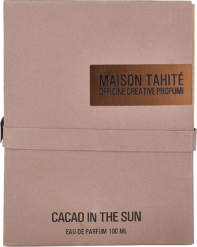 Matowe, beżowe pudełko perfum Maison Tahité Cacao In The Sun 100 ml, z brązową nazwą marki, widok z przodu.