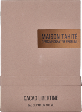 Brązowe, matowe pudełko perfum Maison Tahité Cacao Libertine 100 ml z brązową etykietą, widok z przodu.