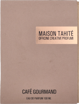 Prostokątne pudełko wody perfumowanej Cafe Gourmand Maison Tahité 100 ml, brązowy karton ze złotą etykietą, widok z przodu.