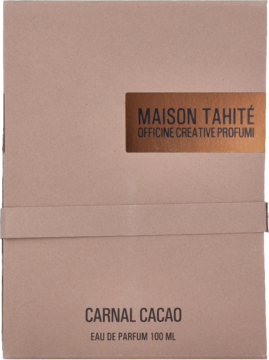 Brązowe kartonowe pudełko perfum Maison Tahité Carnal Cacao 100ml, widok z przodu, z miedzianą etykietą.