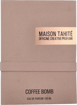 Maison Tahité Coffee Bomb w brązowym kartonowym pudełku, złota etykieta, czarny napis EAU DE PARFUM 100 ML, widok z przodu.