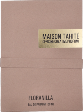 Karmelowe pudełko perfum Maison Tahité Floranilla Eau de Parfum 100ml, ze złotą etykietą u góry. Widok z przodu.