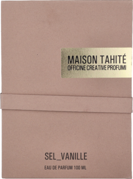 Front beżowego opakowania perfum Maison Tahité Sel_Vanille 100 ml ze złotą, prostokątną etykietą.