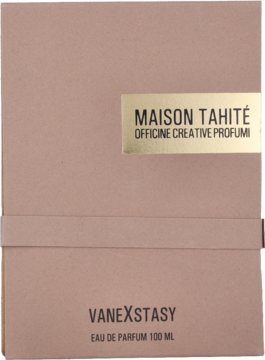 Brązowe kartonowe pudełko Maison Tahité VaneXstasy Eau de Parfum 100ml, ze złotą etykietą, widok z przodu.