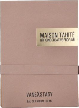 Brązowe kartonowe pudełko Maison Tahité VaneXstasy Eau de Parfum 100ml, ze złotą etykietą, widok z przodu.