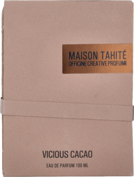 Brązowe kartonowe pudełko perfum Maison Tahité Vicious Cacao Eau de Parfum, z metaliczną etykietą, widok z przodu.