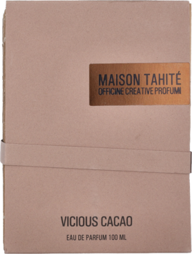 Brązowe kartonowe pudełko perfum Maison Tahité Vicious Cacao Eau de Parfum, z metaliczną etykietą, widok z przodu.