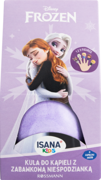 Fioletowe opakowanie kuli do kąpieli Isana Kids Frozen z Elsą i Anną, widok z przodu, niespodzianka figurka.
