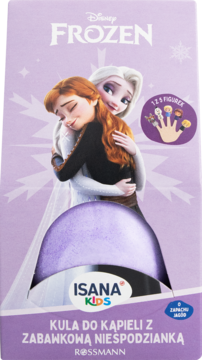 Fioletowe opakowanie kuli do kąpieli Isana Kids Frozen z Elsą i Anną, widok z przodu, niespodzianka figurka.