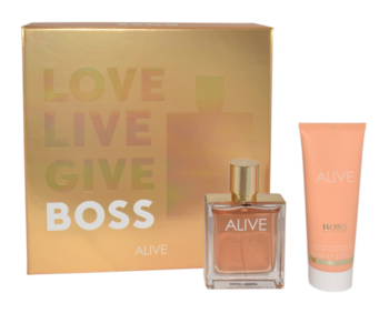 Złoty zestaw Hugo Boss Alive: perfumy Alive w kwadratowej butelce i brzoskwiniowe mleczko do ciała, widok z przodu.