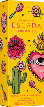 Żółte pudełko perfum Escada Flor del Sol Limited Edition 100ml EDT z meksykańskimi motywami: czaszką, kaktusem.