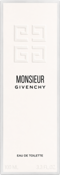 Białe opakowanie wody toaletowej Monsieur Givenchy 100 ml, czarny tekst i wytłoczone logo, widok z przodu.